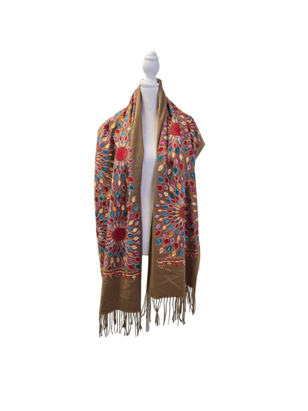Unbranded Mandala Sunflower Embroidered Print Fringe Trim Shawl Scarf